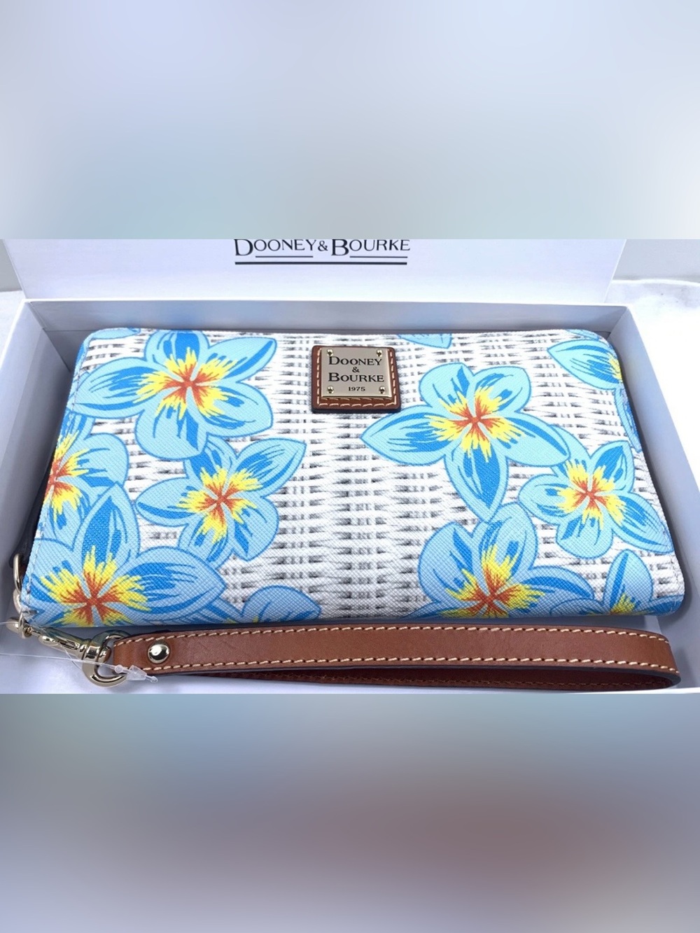 Dooney & Bourke Blue Floral Shoulder Bag with Tan Trim